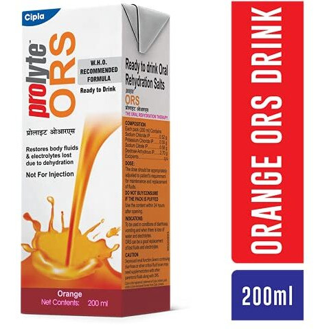 Cipla Prolyte ORS Ready to Drink Oral Rehydration Contains Vital Electrolytes | Restores Body Fluids & Electrolytes Lost Due to Sweating, Diarrhea & Vomiting | WHO Formula (Orange liquid, Pack of 30)