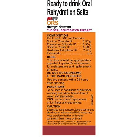 Cipla Prolyte ORS Ready to Drink Oral Rehydration Contains Vital Electrolytes | Restores Body Fluids & Electrolytes Lost Due to Sweating, Diarrhea & Vomiting | WHO Formula (Orange liquid, Pack of 30)