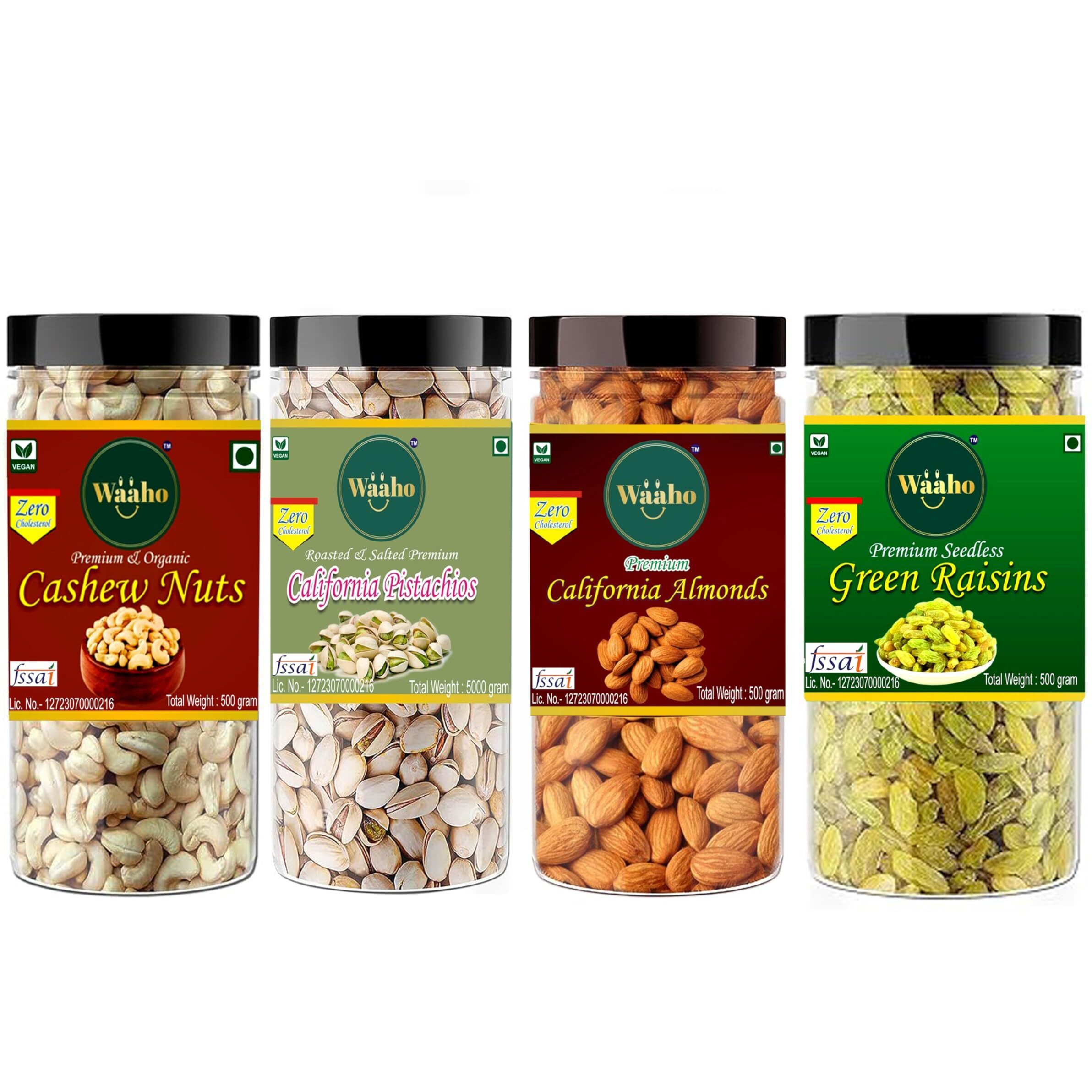WAAHO Combo Pack Of Cashew, Almonds, Raisins, Pista (200Gm X 4) Kaju, Badam, Pista, Kishmis 800 Gram, Whole