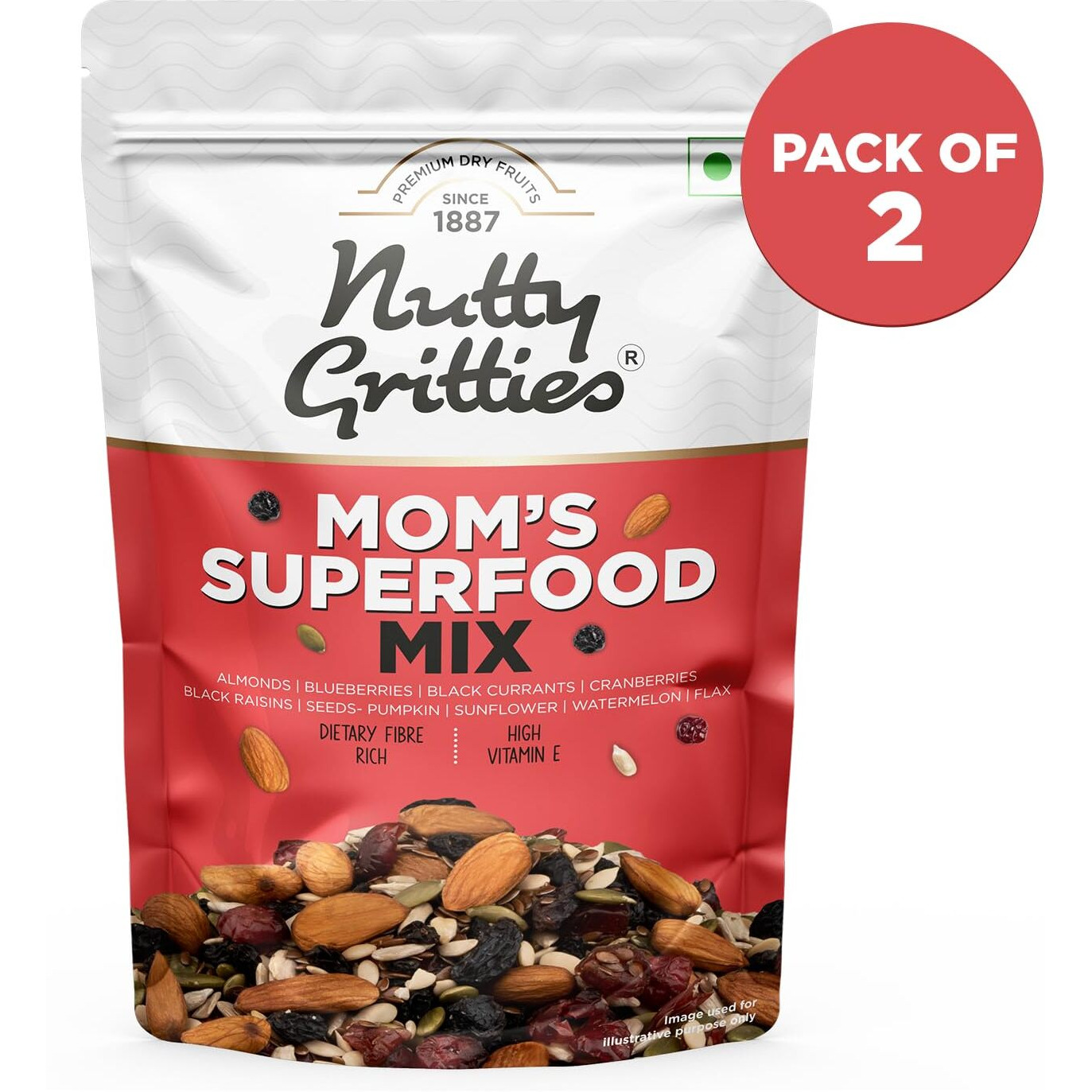 Nutty Gritties Moms Superfood Healthy Trail Mix 400g( Pack of 2 ,Each Pack 200g,) - Roasted Almonds | Mixed Roasted Seeds Flax, Pumpkin, Sunflower | Dried Black Currant, Cranberries, Blueberries with Black Raisins| Healthy Snack