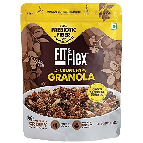 Fit & Flex Baked Granola, Chocolate Cookies & Almond, Oat Rich Cereal with Goodness of Almond, Ready to Eat Healthy Breakfast Food - As Seen on Shark Tank India - Loaded with Chocolate - 450 GM