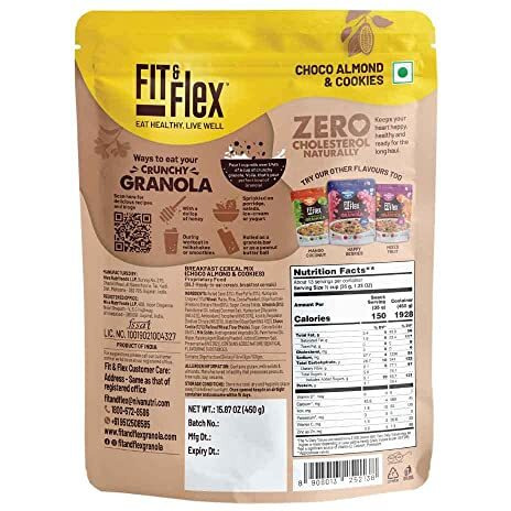 Fit & Flex Baked Granola, Chocolate Cookies & Almond, Oat Rich Cereal with Goodness of Almond, Ready to Eat Healthy Breakfast Food - As Seen on Shark Tank India - Loaded with Chocolate - 450 GM