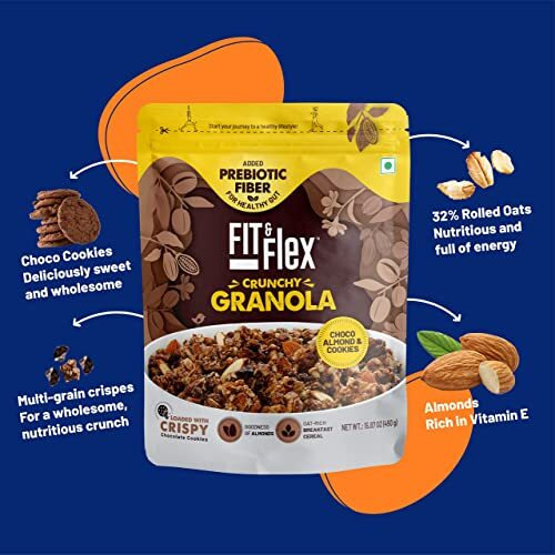 Fit & Flex Baked Granola, Chocolate Cookies & Almond, Oat Rich Cereal with Goodness of Almond, Ready to Eat Healthy Breakfast Food - As Seen on Shark Tank India - Loaded with Chocolate - 450 GM