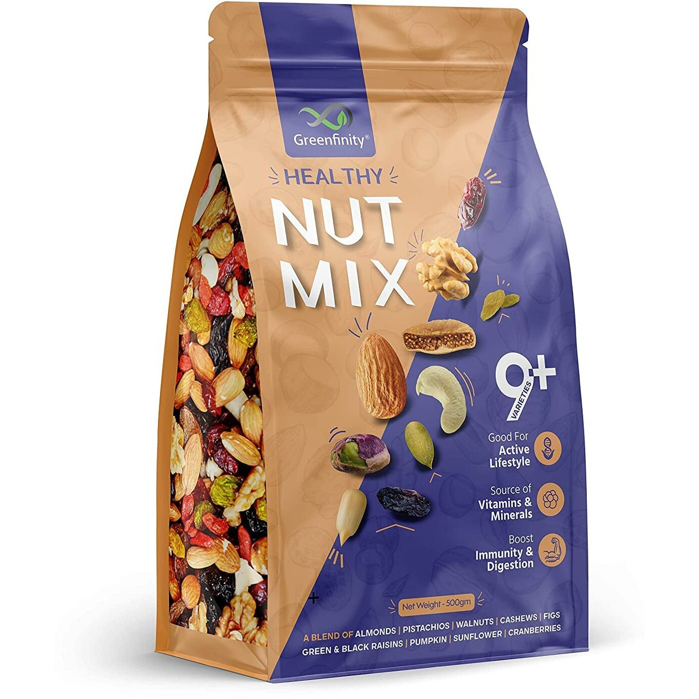 GreenFinity Premium International Healthy Nutmix 500g, Dried Almonds, Black Raisins, Cashewnuts, Cranberries, Green Raisins & Many More.
