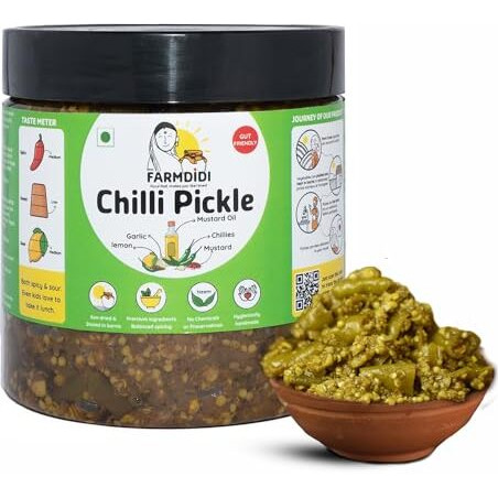 FarmDidi Spicy Green Chilli Pickle in fresh homemade pickles 325g | Tasty Hari Mirch ka Achar with mustard oil | Sun-dried mirchi achaar | Ghar ka bana mirchi achar with no artificial Preservatives