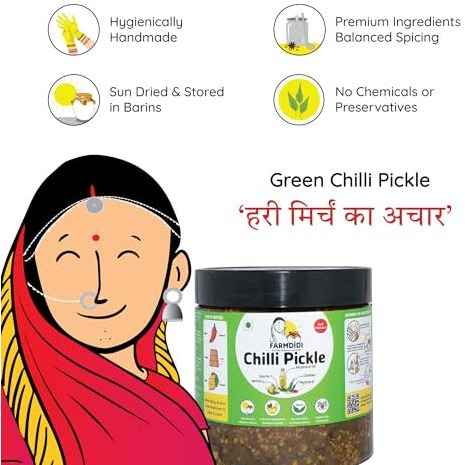 FarmDidi Spicy Green Chilli Pickle in fresh homemade pickles 325g | Tasty Hari Mirch ka Achar with mustard oil | Sun-dried mirchi achaar | Ghar ka bana mirchi achar with no artificial Preservatives