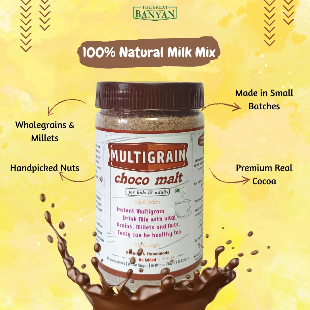 The Great Banyan Multigrain Choco Malt, 2x 300g  Natural Instant Drink Mix for Kids & Adults | Made with Millets, Nuts & Wholegrains | No White Sugar, No Preservative Chocolate Mix