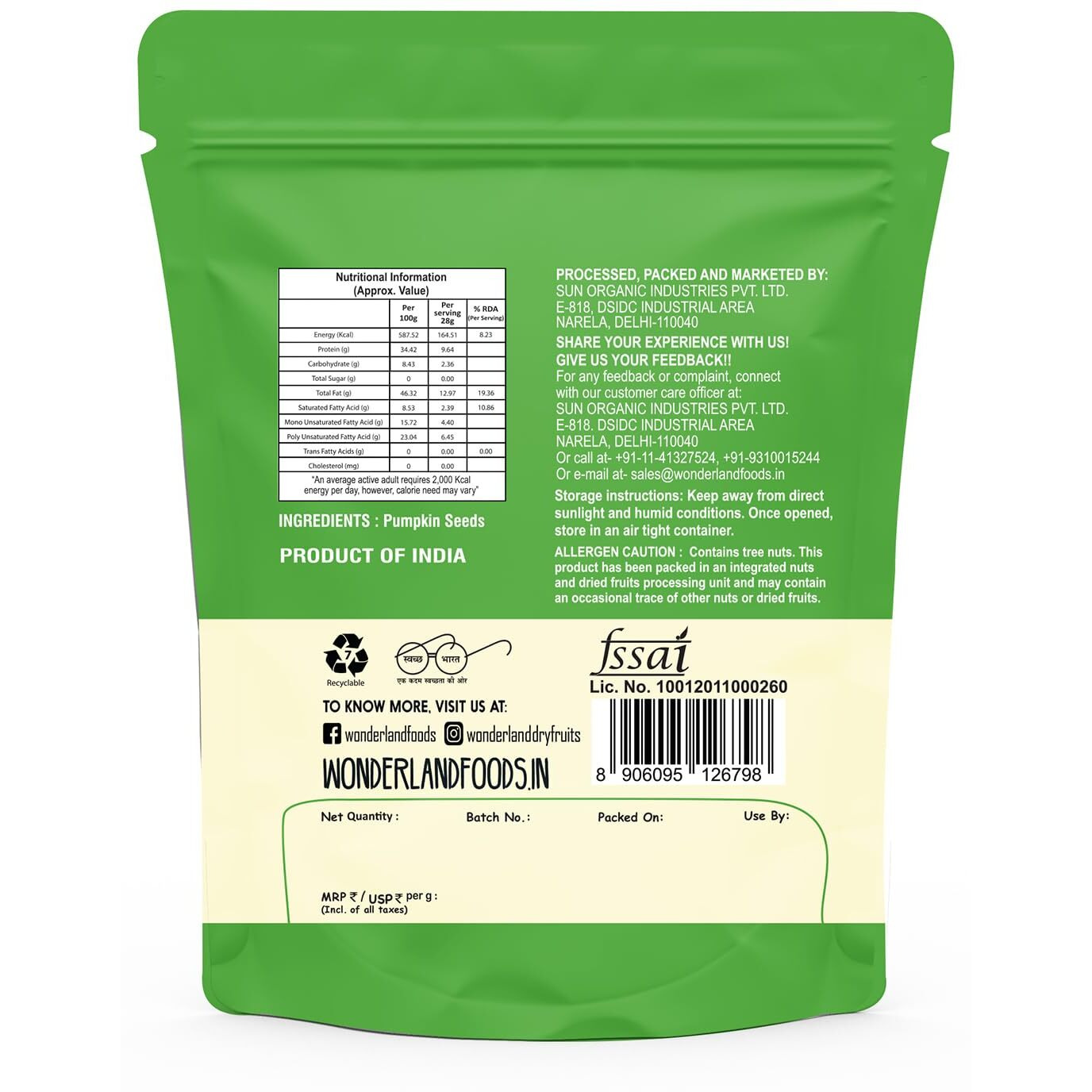 Wonderland Foods Raw & Unroasted Pumpkin Seeds 1 Kg (250gX4) Pack of 4 Pouch I Kaddu Seeds Full of Protein, Antioxidants, & Fibre I Great Source of Omega 3 & Omega 6 I Immunity Booster Dieting Snack