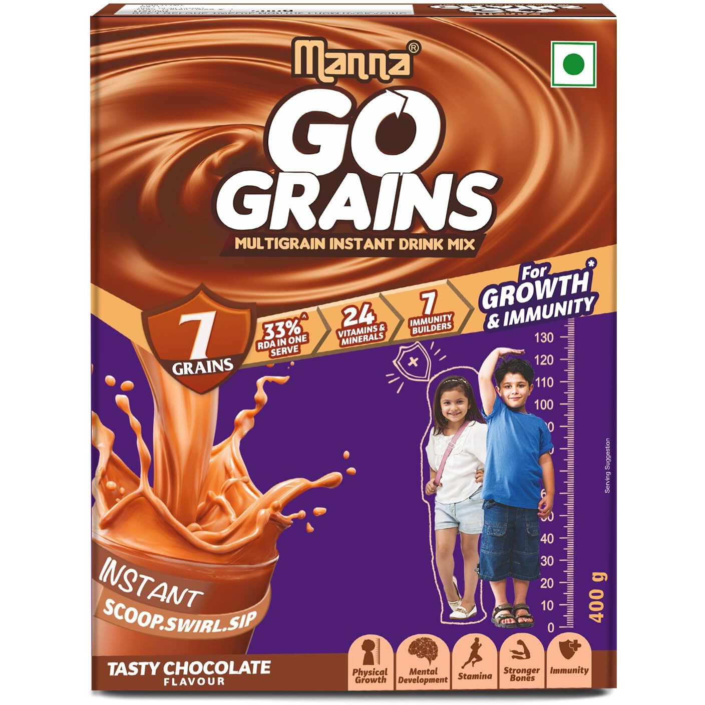 Manna Go Grains Nutrition Powder for Kids. Supports Growth and Immunity. Made with Ragi, Bajra (7 Grains, Millets and Pulses. Chocolate Flavor 400g