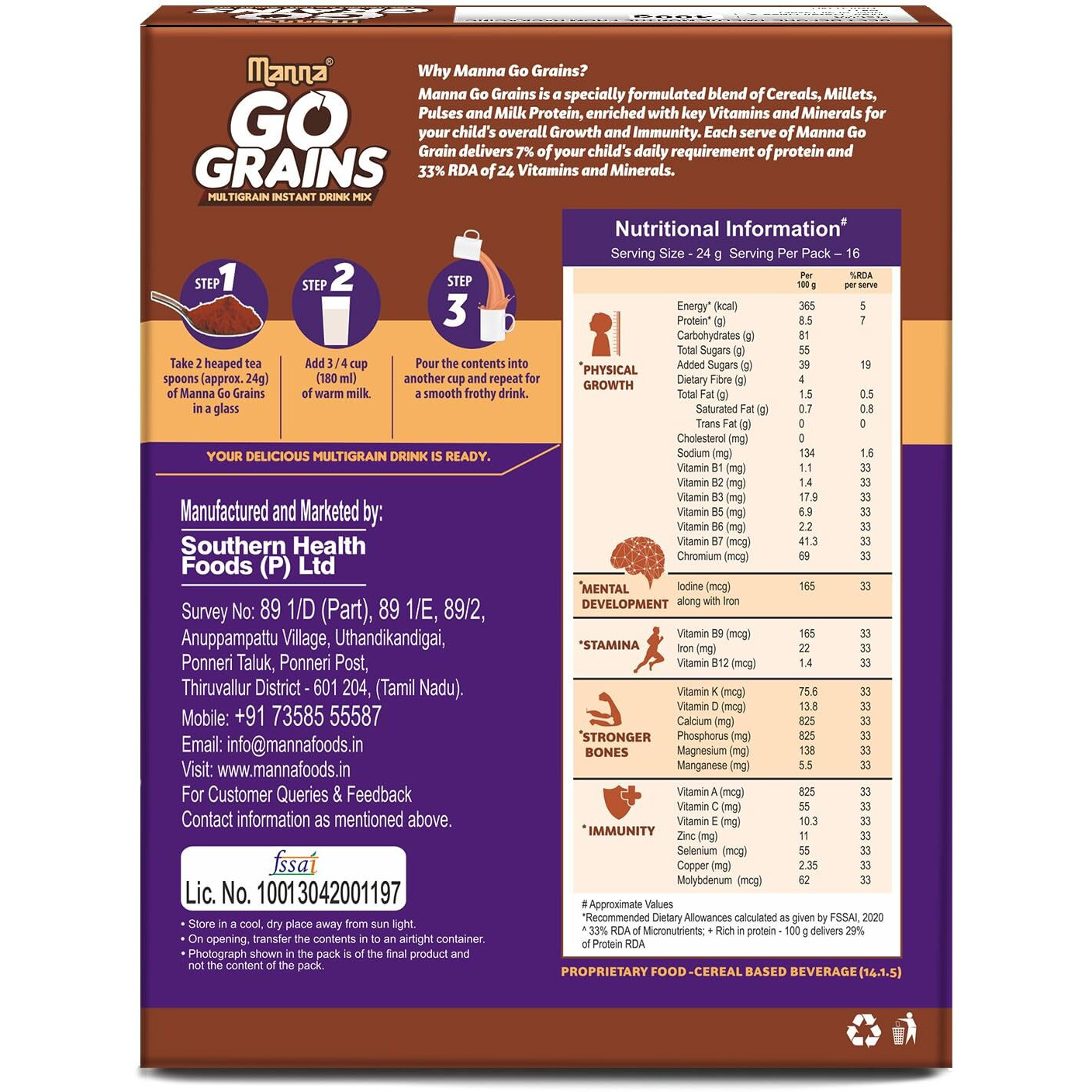 Manna Go Grains Nutrition Powder for Kids. Supports Growth and Immunity. Made with Ragi, Bajra (7 Grains, Millets and Pulses. Chocolate Flavor 400g