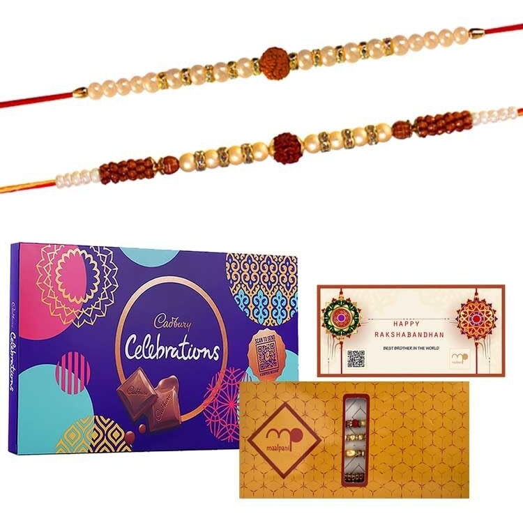 Maalpani Set of 2 Rudraksh Rakhi - Chocolates - Celebration Festival Pack - Chocolate Rakhi Hamper to Brother