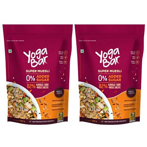 Yogabar Super Muesli, No Added or Hidden Sugar, Breakfast Muesli with Probiotics & Prebiotics, 82% Whole Grains+ Seeds+ Almonds, 400gm Each