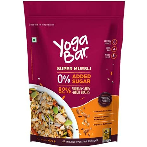 Yogabar Super Muesli, No Added or Hidden Sugar, Breakfast Muesli with Probiotics & Prebiotics, 82% Whole Grains+ Seeds+ Almonds, 400gm Each