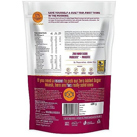 Yogabar Super Muesli, No Added or Hidden Sugar, Breakfast Muesli with Probiotics & Prebiotics, 82% Whole Grains+ Seeds+ Almonds, 400gm Each