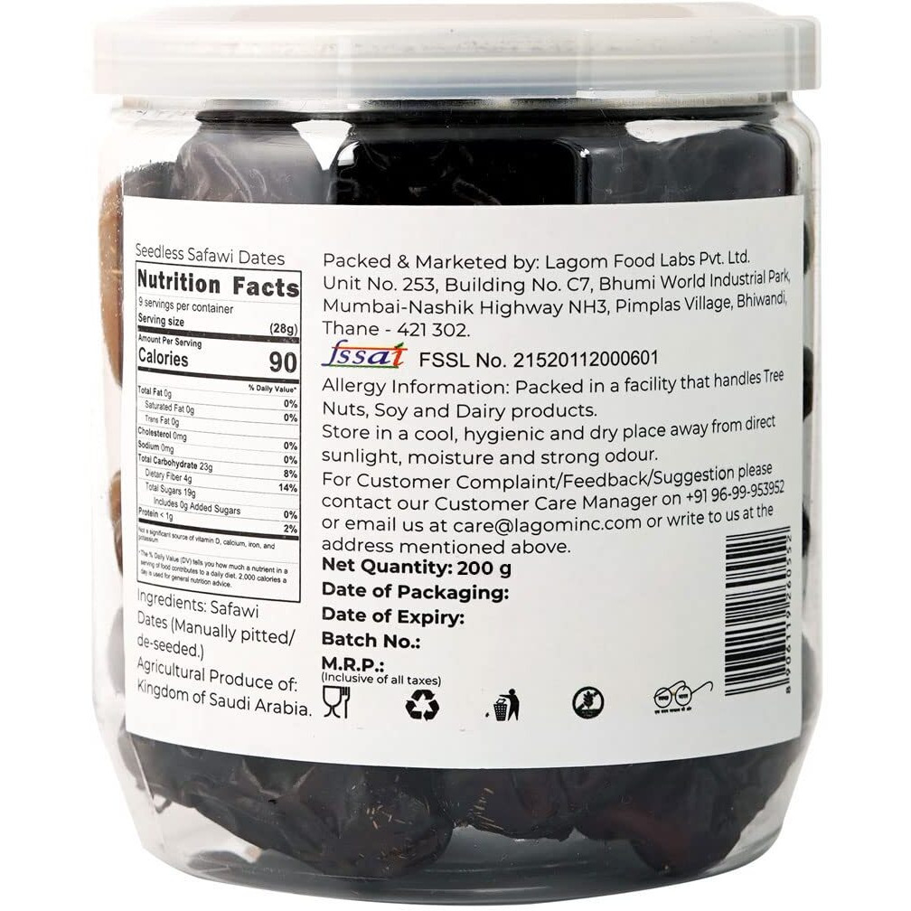 Lagom Gourmet Seedless Safawi Dates 200G,Saudi Arabia Dates,All Natural,No Preservatives,No Added Sugar,Gluten Free,Vegan,Plant Based,Non Gmo,Dates Dry Fruits,Khajur,Khajoor,Khejur