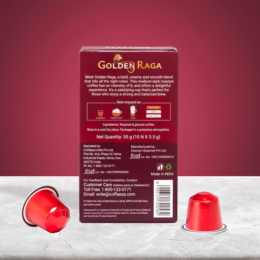COFFEEZA Delights Golden Raga Coffee Capsules (Budget-Friendly) Nespresso Compatible Coffee Capsules|10 Coffee Pods, 90 Gram
