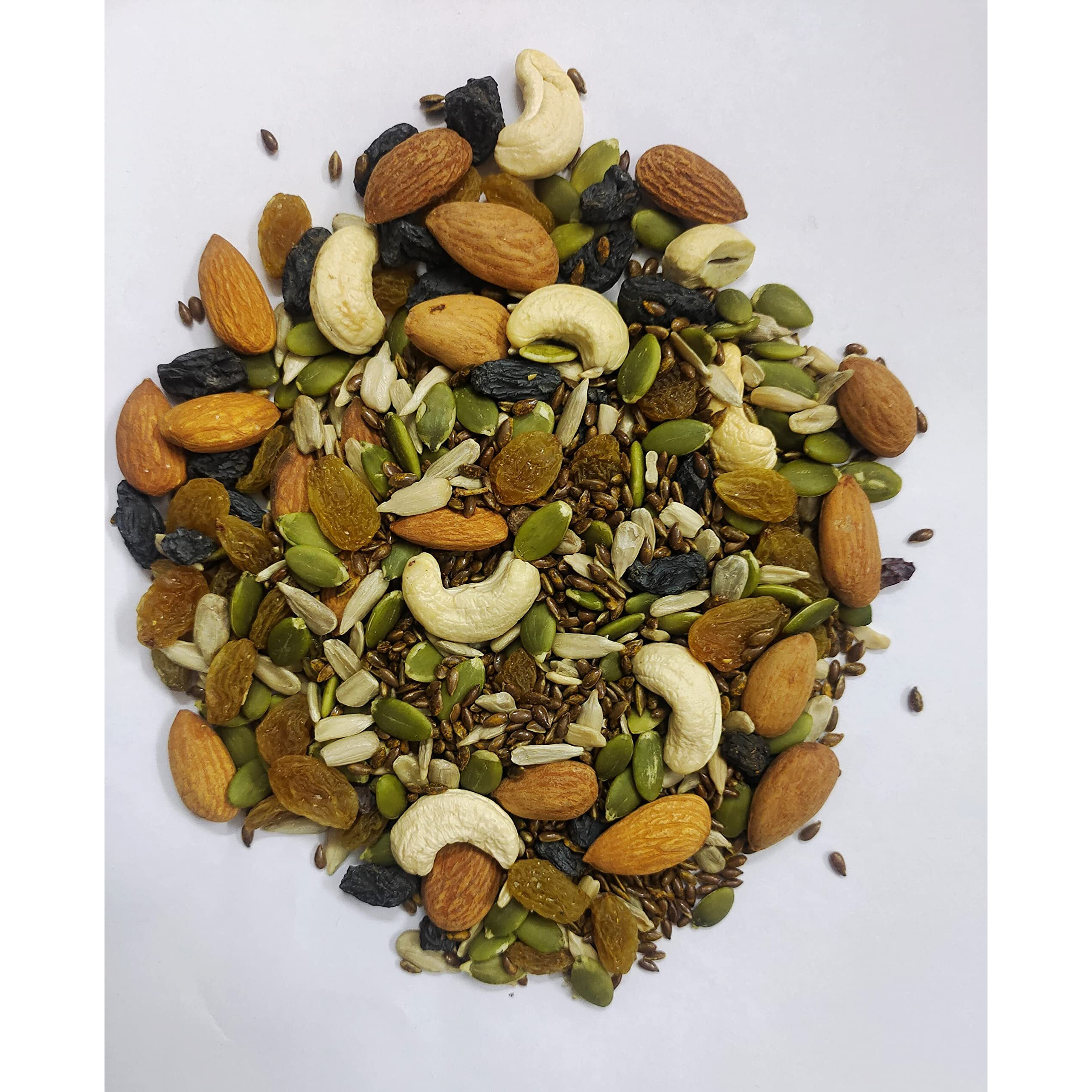 Nature Prime Healthy Trail Mix 500gm - Almonds | Cashew | Raisins | Black Raisins | Pumpkin | Sunflower | Roasted Flax Seeds | Healthy Snack | Nuts and Dry Fruits (Jar Pack)