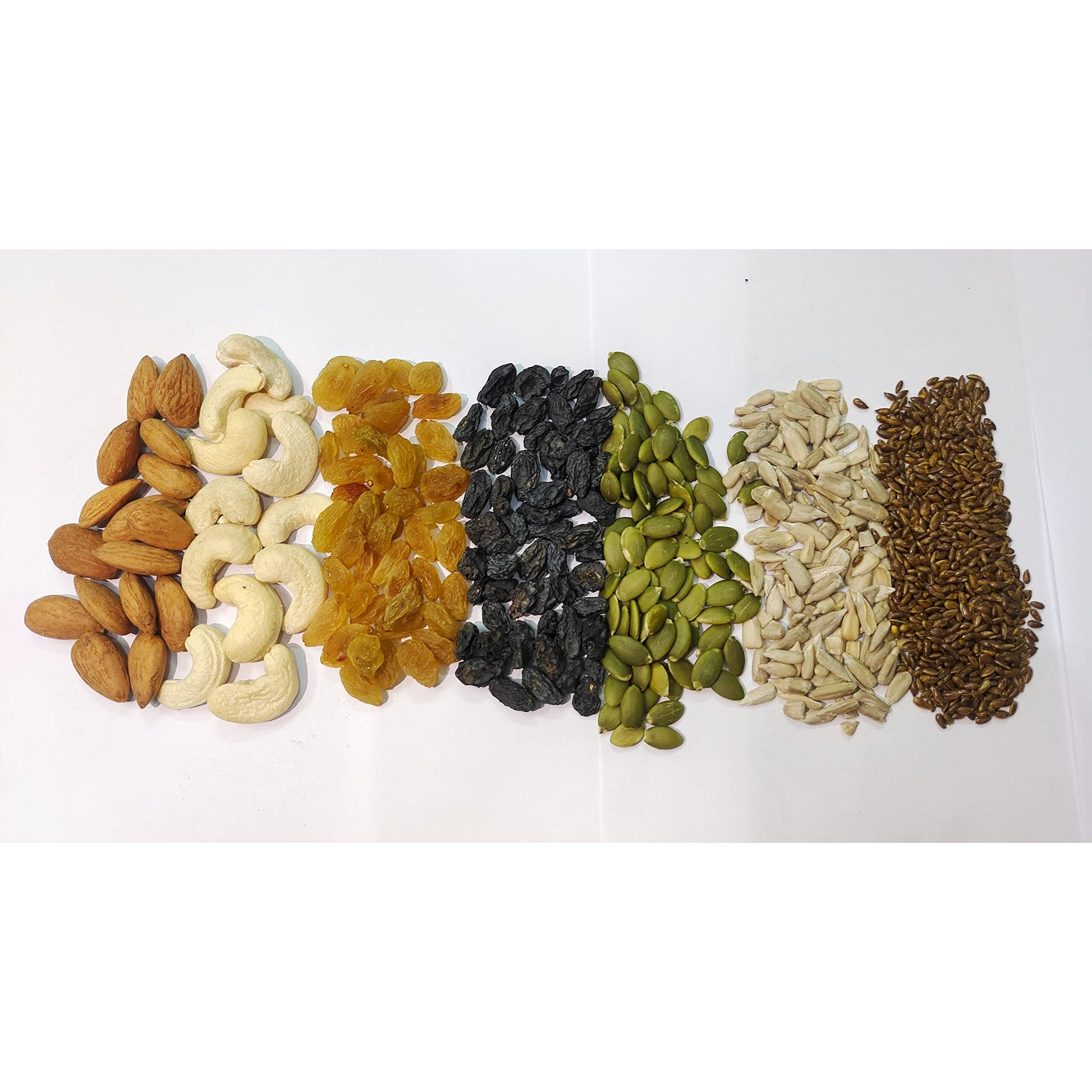 Nature Prime Healthy Trail Mix 500gm - Almonds | Cashew | Raisins | Black Raisins | Pumpkin | Sunflower | Roasted Flax Seeds | Healthy Snack | Nuts and Dry Fruits (Jar Pack)
