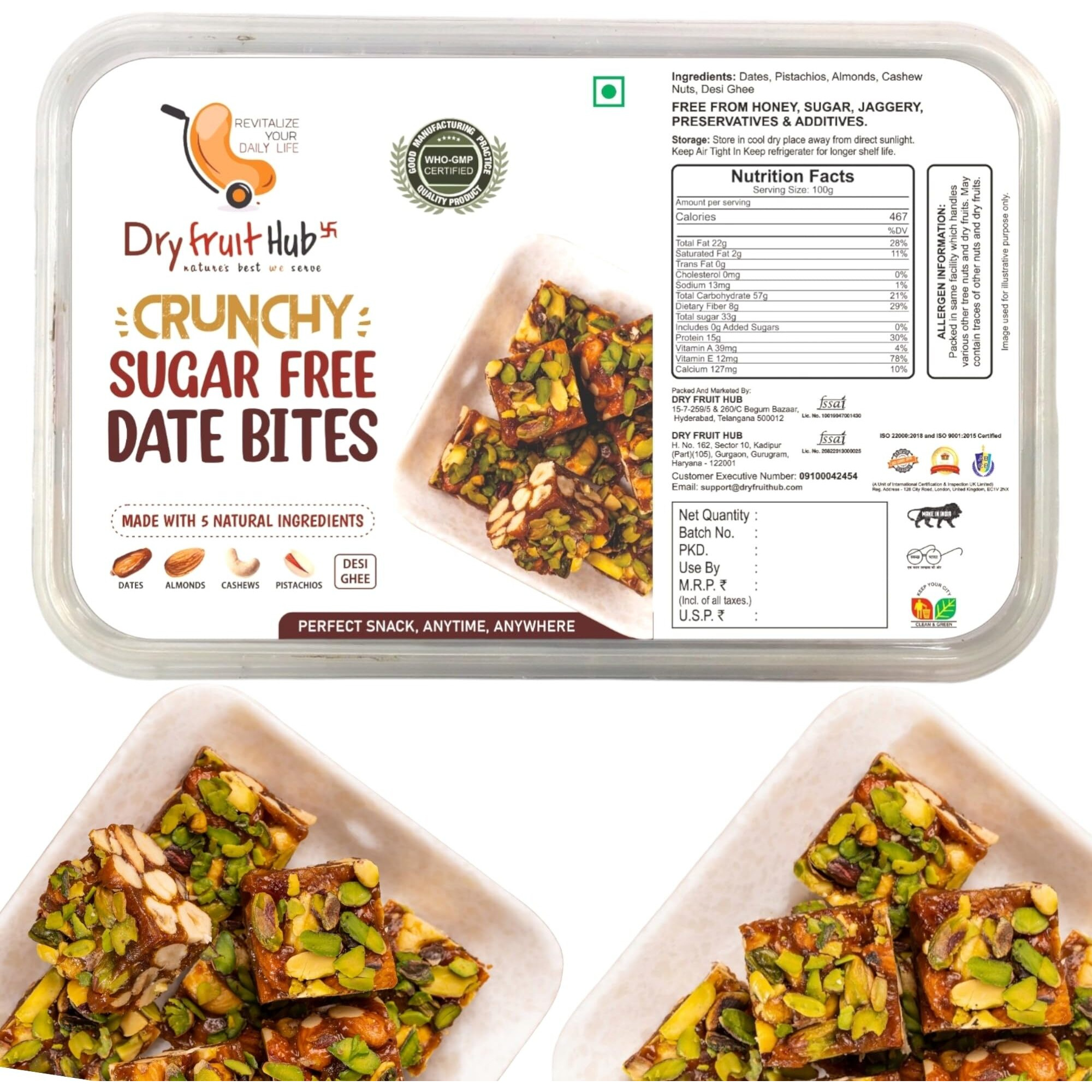 Dry Fruit Hub Crunchy Date Bites 500g I Sugar Free Dates Barfi Made with Dates, Pista, Cashews, Almonds, and Pure Ghee I Dry Fruits Nuts | Energy Booster | Fresh And Tasty Healthy Snacks