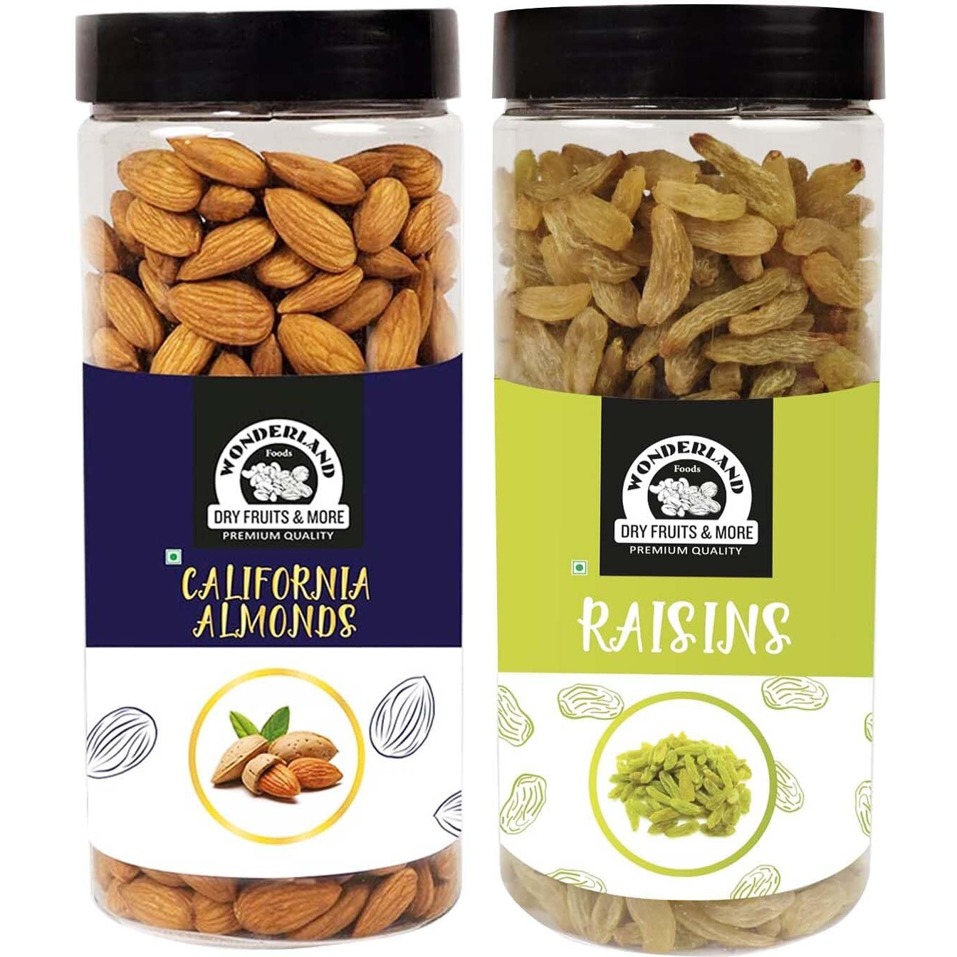 WONDERLAND FOODS (DEVICE) Premium Dry Fruits Combo Pack of California Almonds (NP) + Raisin 1Kg (500gX2) Reusable Jar
