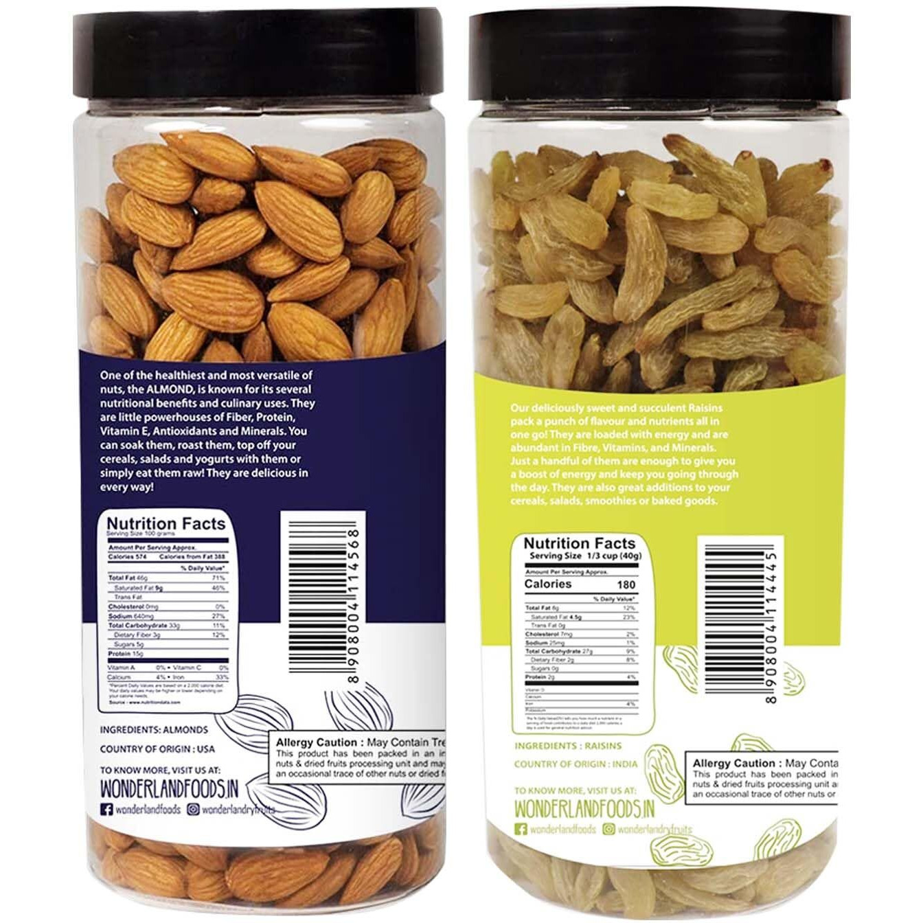 WONDERLAND FOODS (DEVICE) Premium Dry Fruits Combo Pack of California Almonds (NP) + Raisin 1Kg (500gX2) Reusable Jar