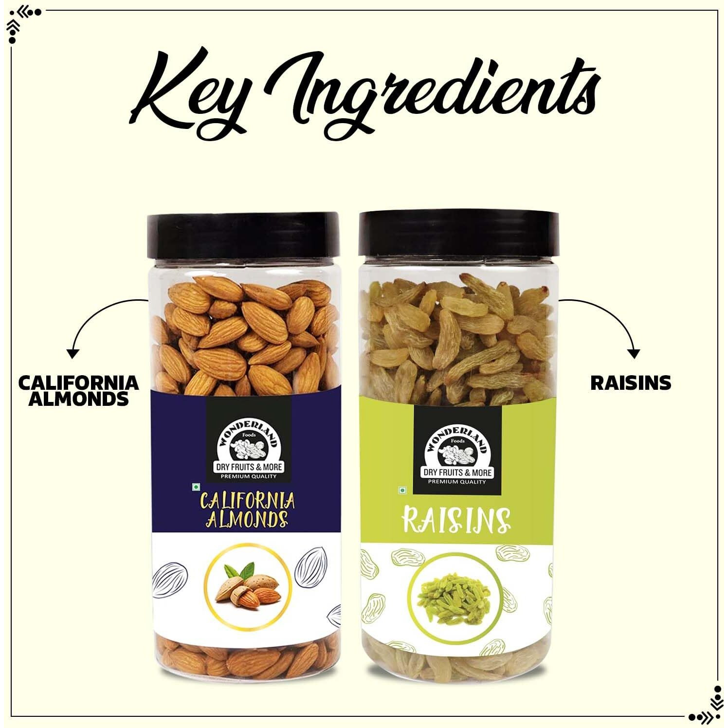 WONDERLAND FOODS (DEVICE) Premium Dry Fruits Combo Pack of California Almonds (NP) + Raisin 1Kg (500gX2) Reusable Jar