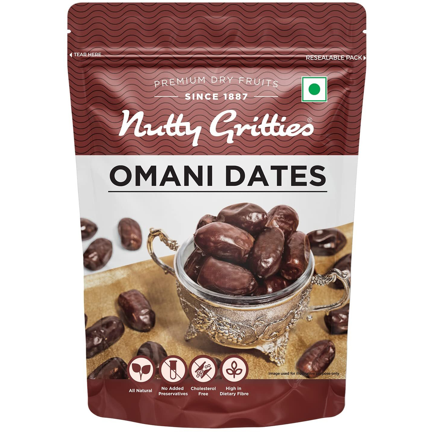 Nutty Gritties Premium Dates - Omani - 500g, Value Pack| Khajoor Or Khajur Dry Fruit | Healthy & Nutritious Snack | Rich in Protein & Vitamins | Natural Sweetner, Fresh