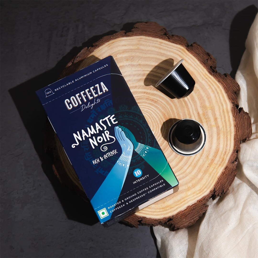 COFFEEZA Delights Namaste Noir Coffee Capsules (Budget-Friendly) Nespresso Compatible Coffee Capsules|10 Coffee Pods, 90 Gram