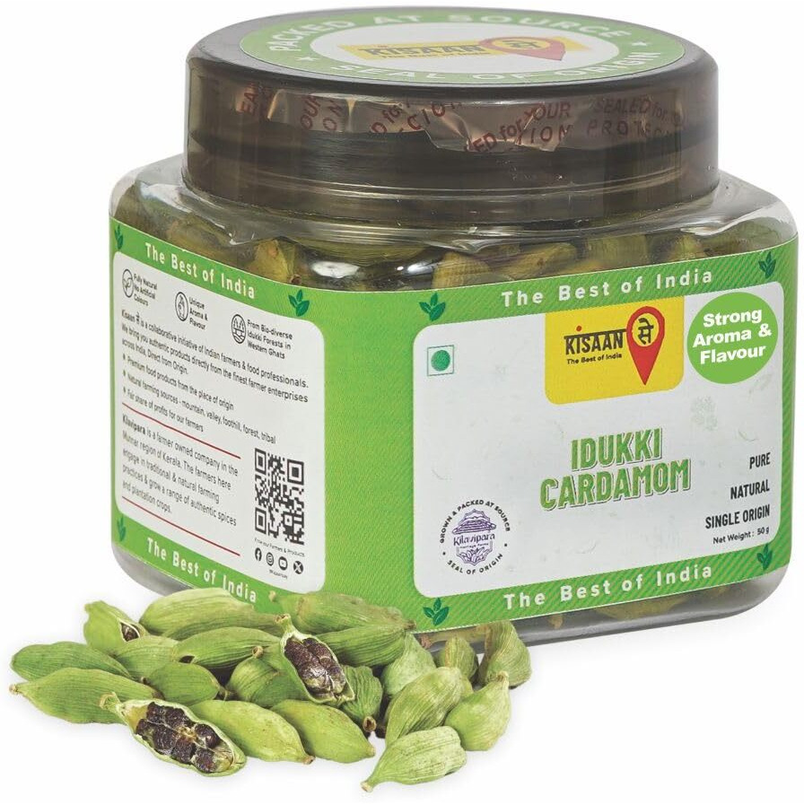 KisaanSay Idukki Cardamom 50 gm | Bold Size | Pure Elaichi | Natural | Distinctive Flavour & Aroma | No Artificial Colors