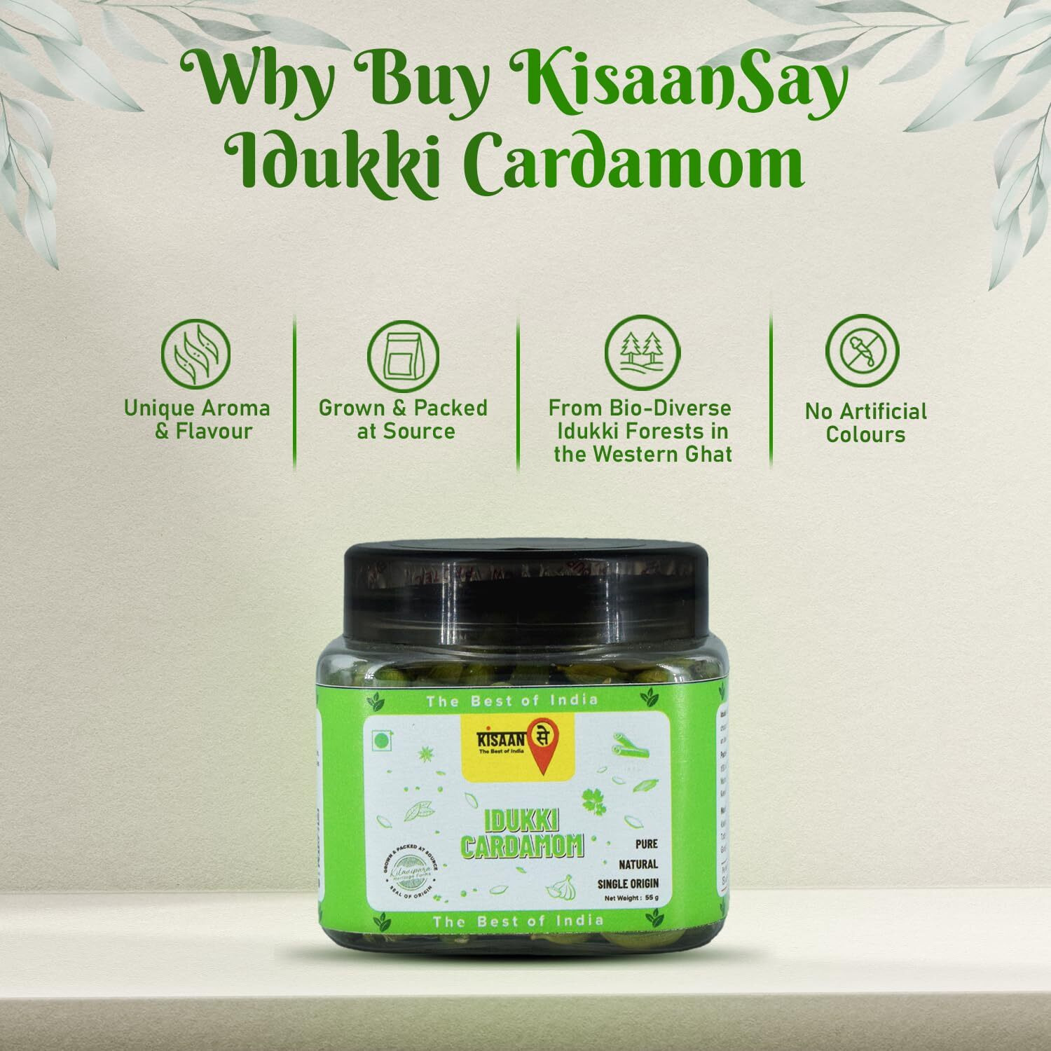 KisaanSay Idukki Cardamom 50 gm | Bold Size | Pure Elaichi | Natural | Distinctive Flavour & Aroma | No Artificial Colors
