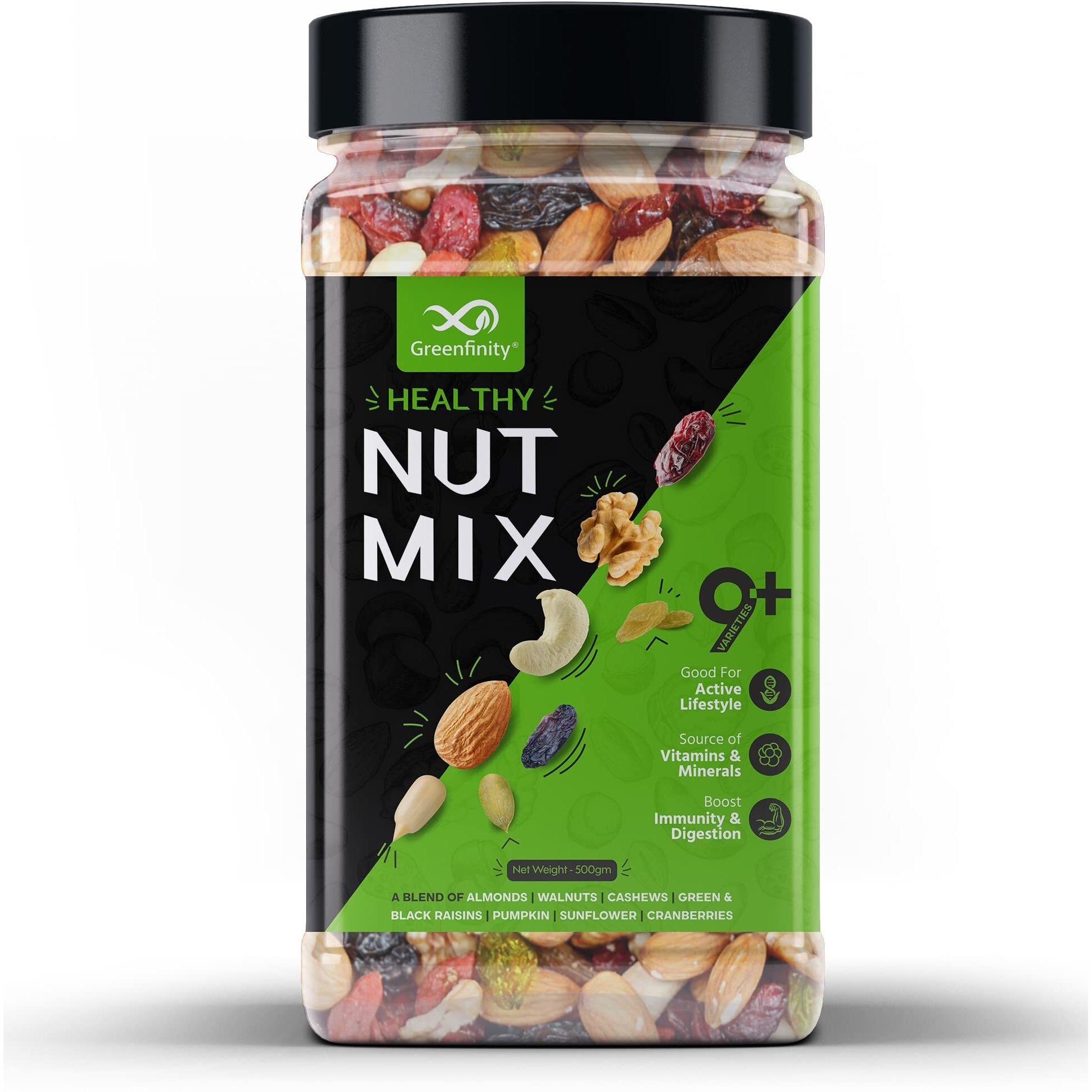 GreenFinity Absolute Health, Premium Fruit, Nut & Fiber SuperMix, Healthy Mixed Nuts with Dry Fruits | Almonds | Cashews | Cranberry | Pumpkin Seeds | Walnuts, Reusable Jar, 500g | PACK OF 1