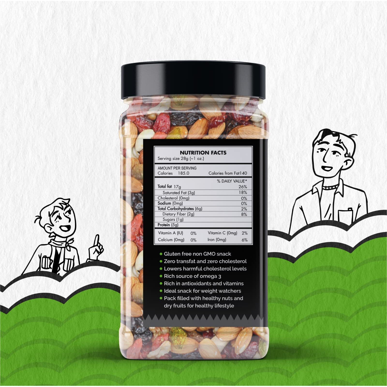 GreenFinity Absolute Health, Premium Fruit, Nut & Fiber SuperMix, Healthy Mixed Nuts with Dry Fruits | Almonds | Cashews | Cranberry | Pumpkin Seeds | Walnuts, Reusable Jar, 500g | PACK OF 1