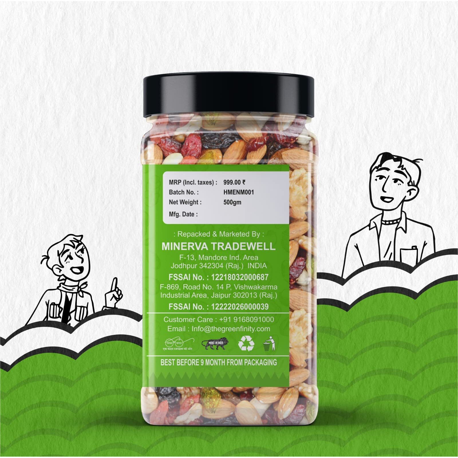 GreenFinity Absolute Health, Premium Fruit, Nut & Fiber SuperMix, Healthy Mixed Nuts with Dry Fruits | Almonds | Cashews | Cranberry | Pumpkin Seeds | Walnuts, Reusable Jar, 500g | PACK OF 1