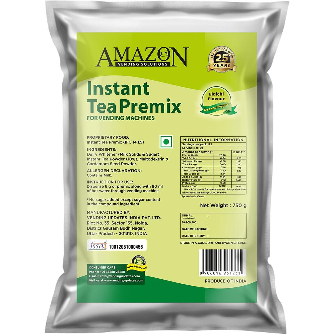 AMAZON 3 In 1 Instant Cardamom Chai Tea Premix Powder No Added Sugar Pack Of 1 For Vending Machine Manual Use, Bag,750 Grams