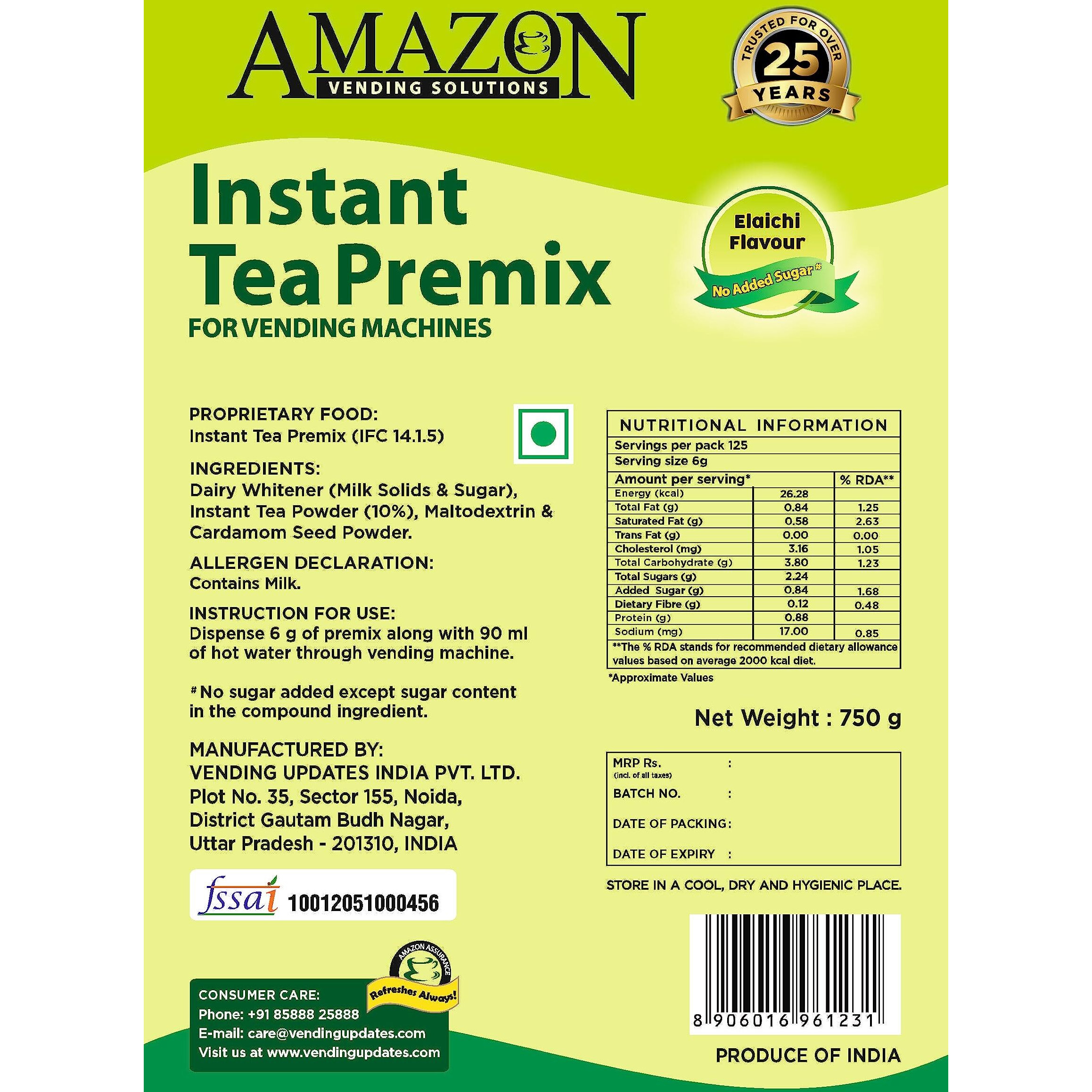 AMAZON 3 In 1 Instant Cardamom Chai Tea Premix Powder No Added Sugar Pack Of 1 For Vending Machine Manual Use, Bag,750 Grams