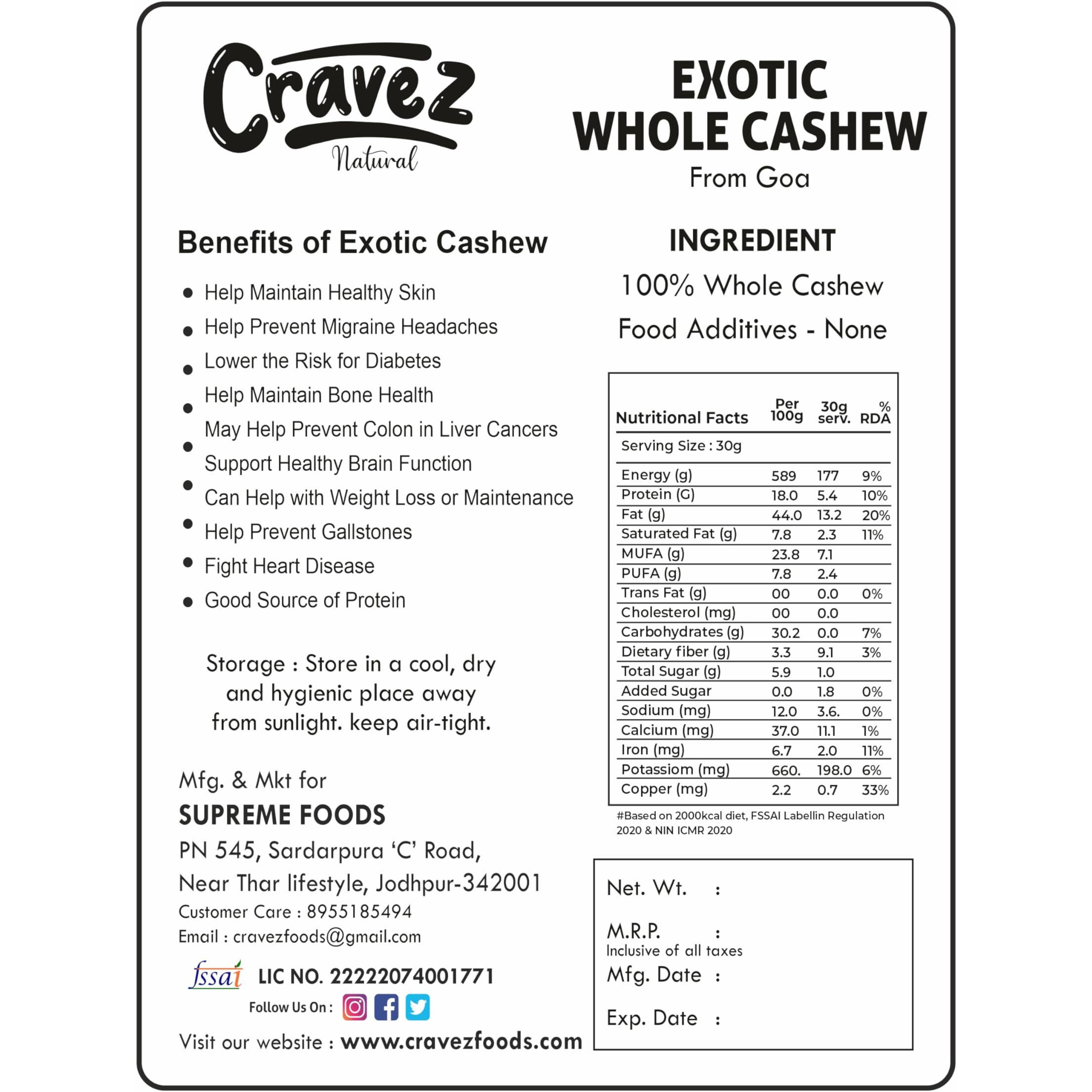 Cravez Exotic Jumbo Goa Cashews - 500gm, Bold & Sweet | 100% Natural White Cashews | Cashew Dry Fruit | Kaju | Cashews Nut