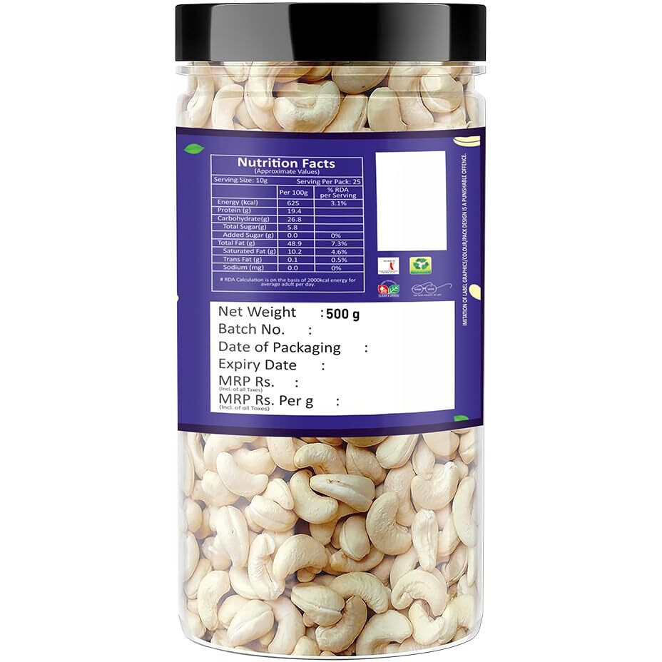 Raghbat 100% Natural & Crunchy Premium Whole Cashews 500gm Nutritious & Delicious Nuts, Premium Kaju nuts | Gluten Free | Source of Minerals & Vitamins | Dry Fruits Jar Pack