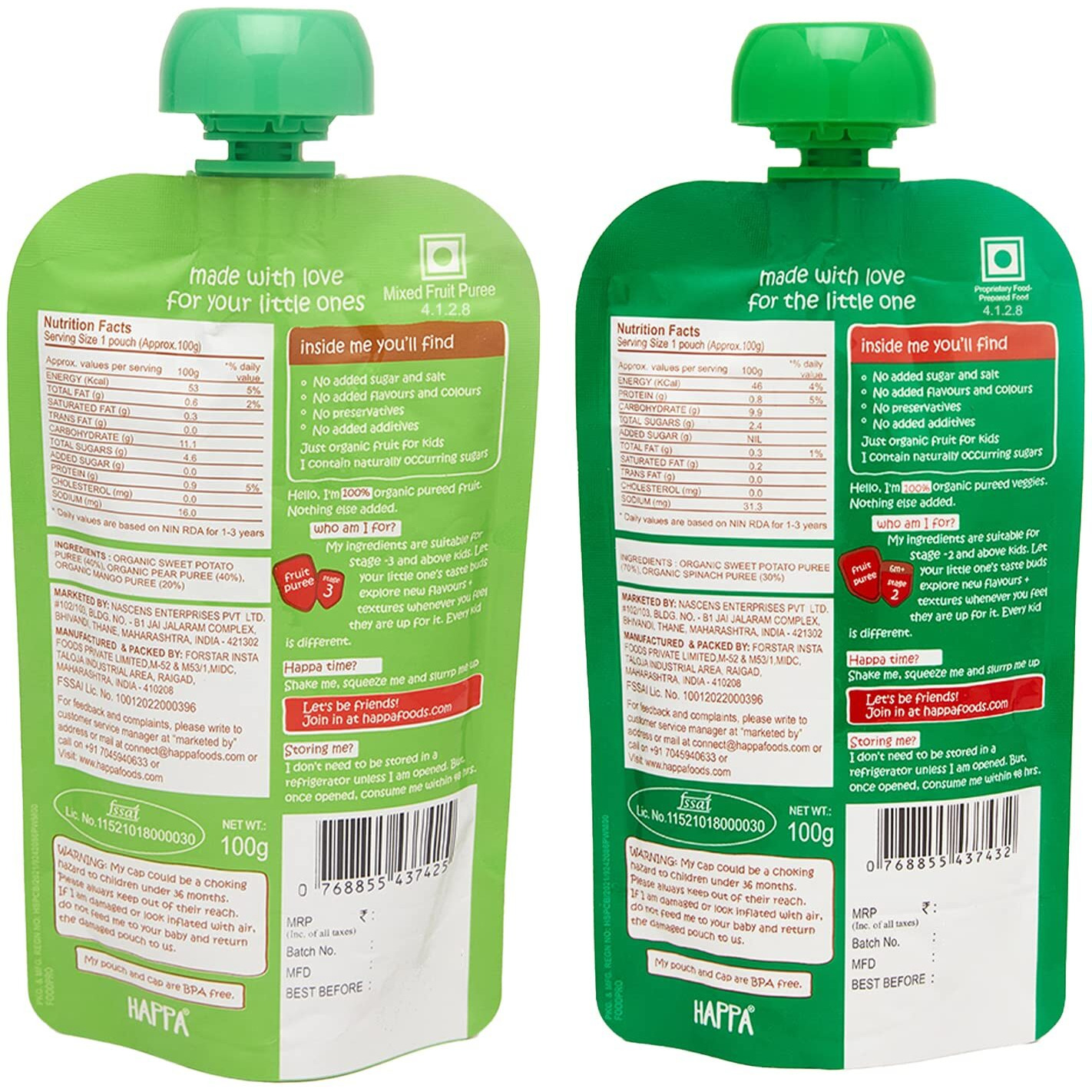 Happa Organic, Veggies & Fruit Puree (sweet potato + spinach, sweet potato+mango+pears), Stage 2 & 3, 6 Pouch 100 Grams each