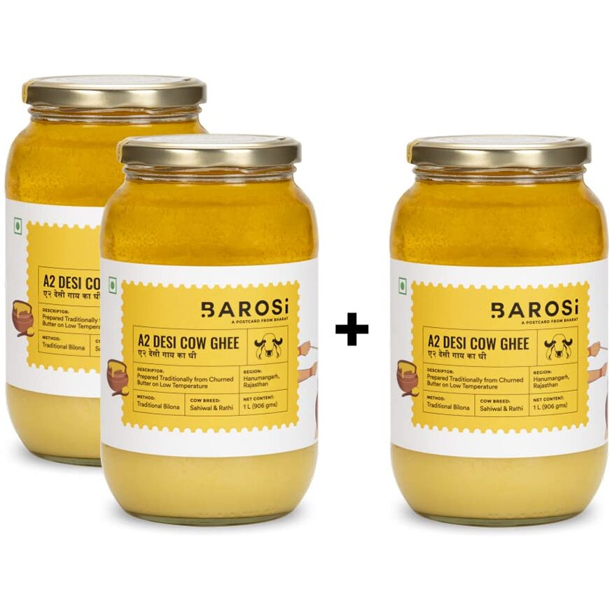 Barosi Premium A2 Cow Ghee 3 Litre Family Saver Pack | A2 Danedar Desi Ghee | Churned from Curd with Bilona Method | Pure & Aromatic | Farm Made in Small Batches | Glass Jar