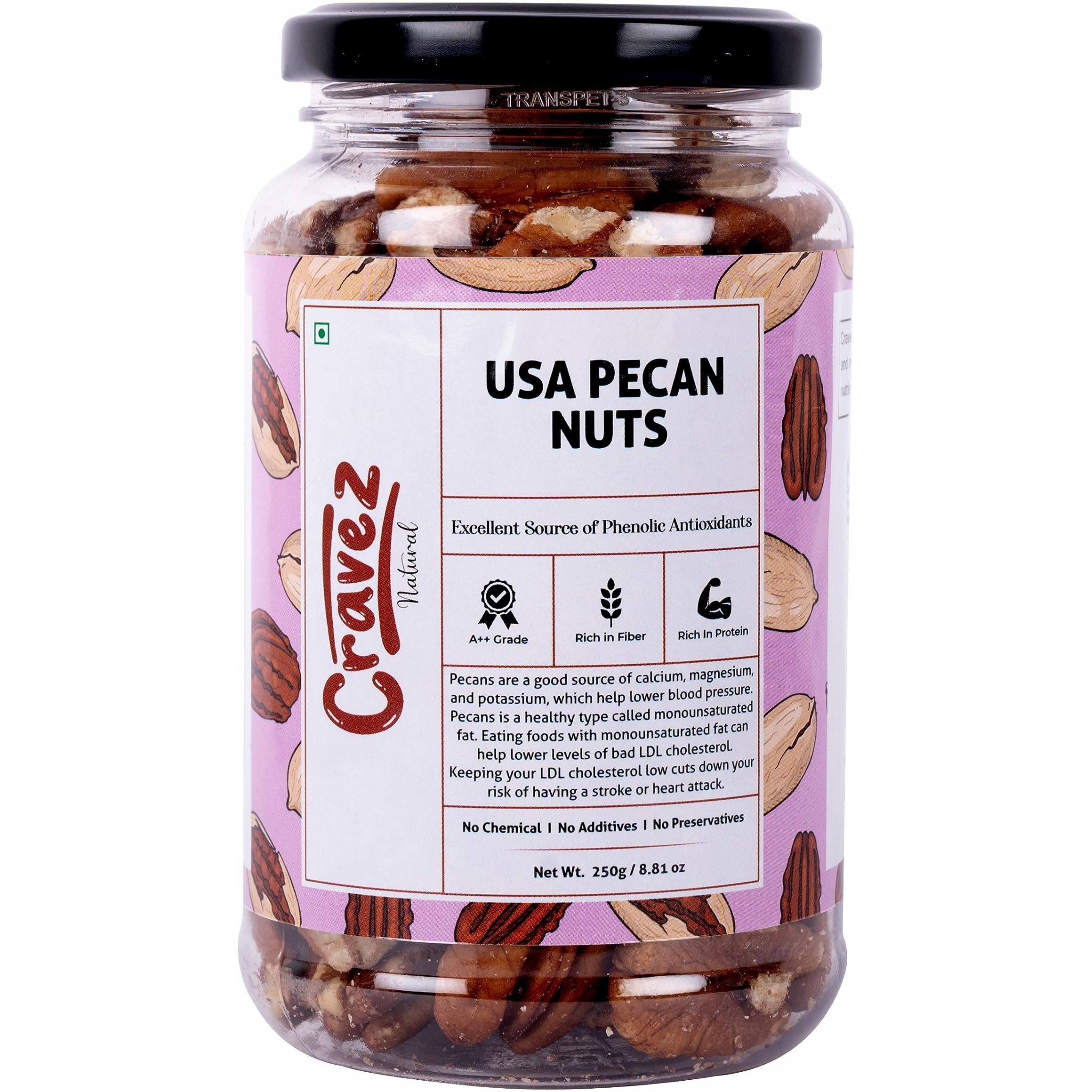 cravez Natural Usa Pecan Nuts -200 Gm (Grade A ++ Nuts, Premium Size, Imported) - Excellent Source Of Phenolic Antioxidant - Packed In Reusable Premium Jar - Dried
