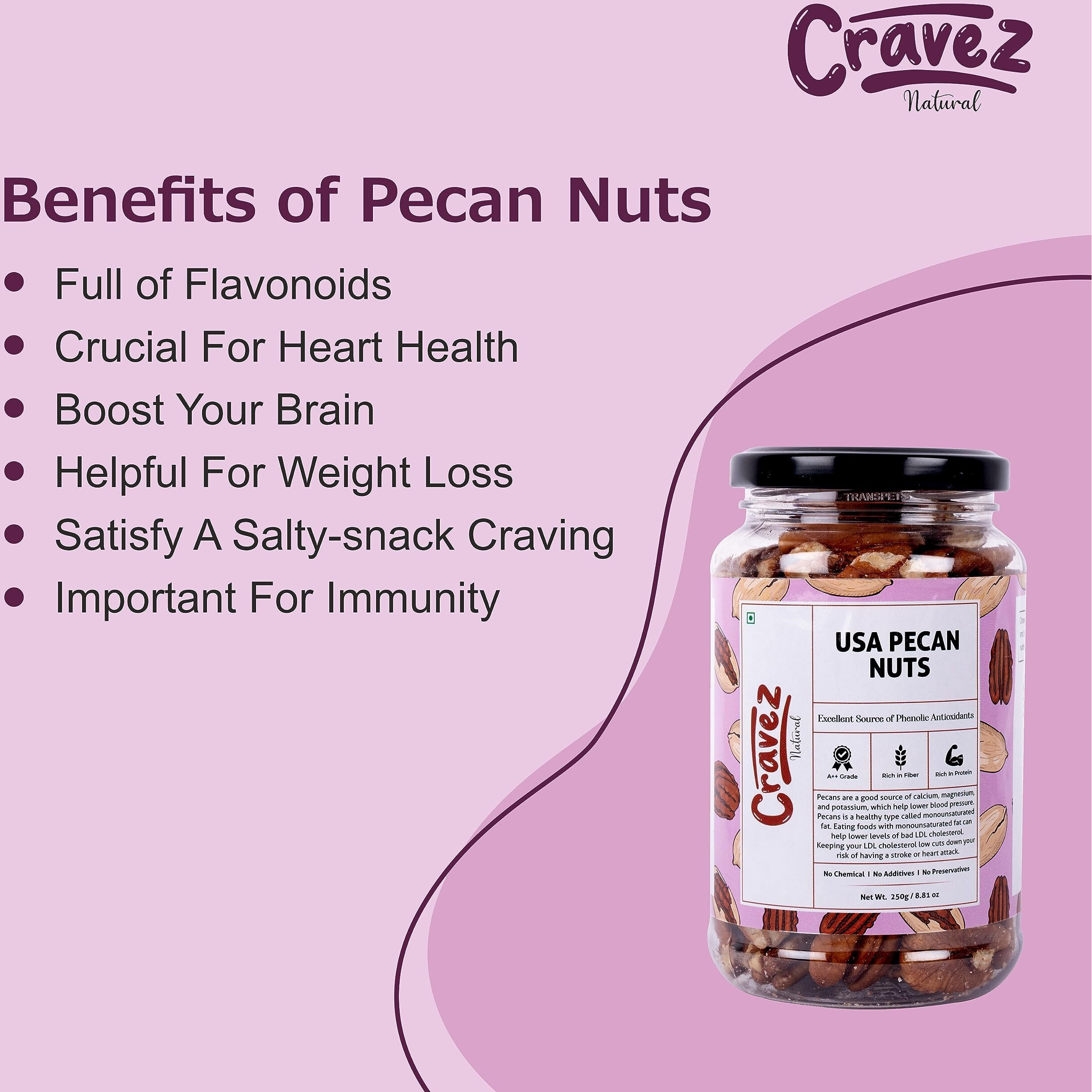 cravez Natural Usa Pecan Nuts -200 Gm (Grade A ++ Nuts, Premium Size, Imported) - Excellent Source Of Phenolic Antioxidant - Packed In Reusable Premium Jar - Dried