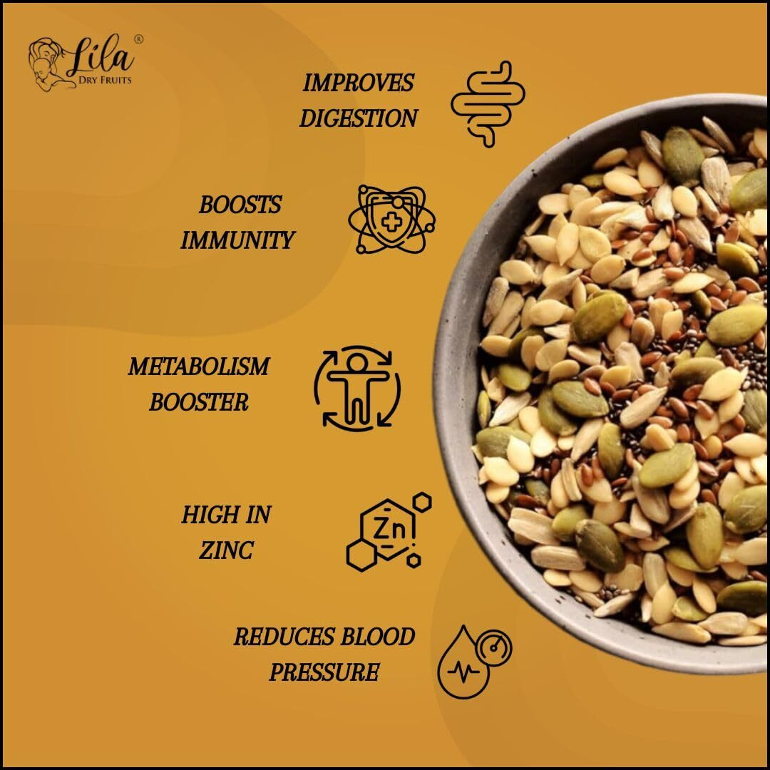 LILA DRY FRUITS 5 in1 Superseed Mix 500 Gms - Mixture of Chia, Pumpkin, Sunflower, Watermelon and Flax) | Immunity combo for Weight Loss | Mix Seeds for Eating | Snacks for Dieting and Gifting