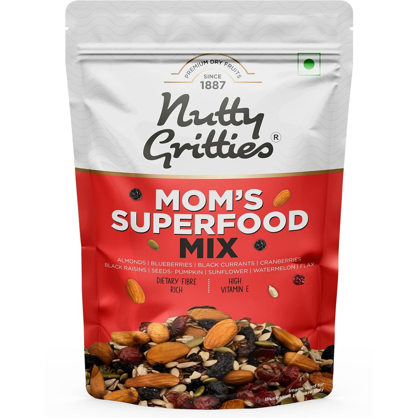 Nutty Gritties Moms Superfood Healthy Trail Mix 1kg ( Each Pack 200g, Pack of 5 ) - Roasted Almonds | Mixed Roasted Seeds Flax, Pumpkin, Sunflower | Dried Black Currant, Cranberries, Blueberries with Black Raisins| Healthy Snack
