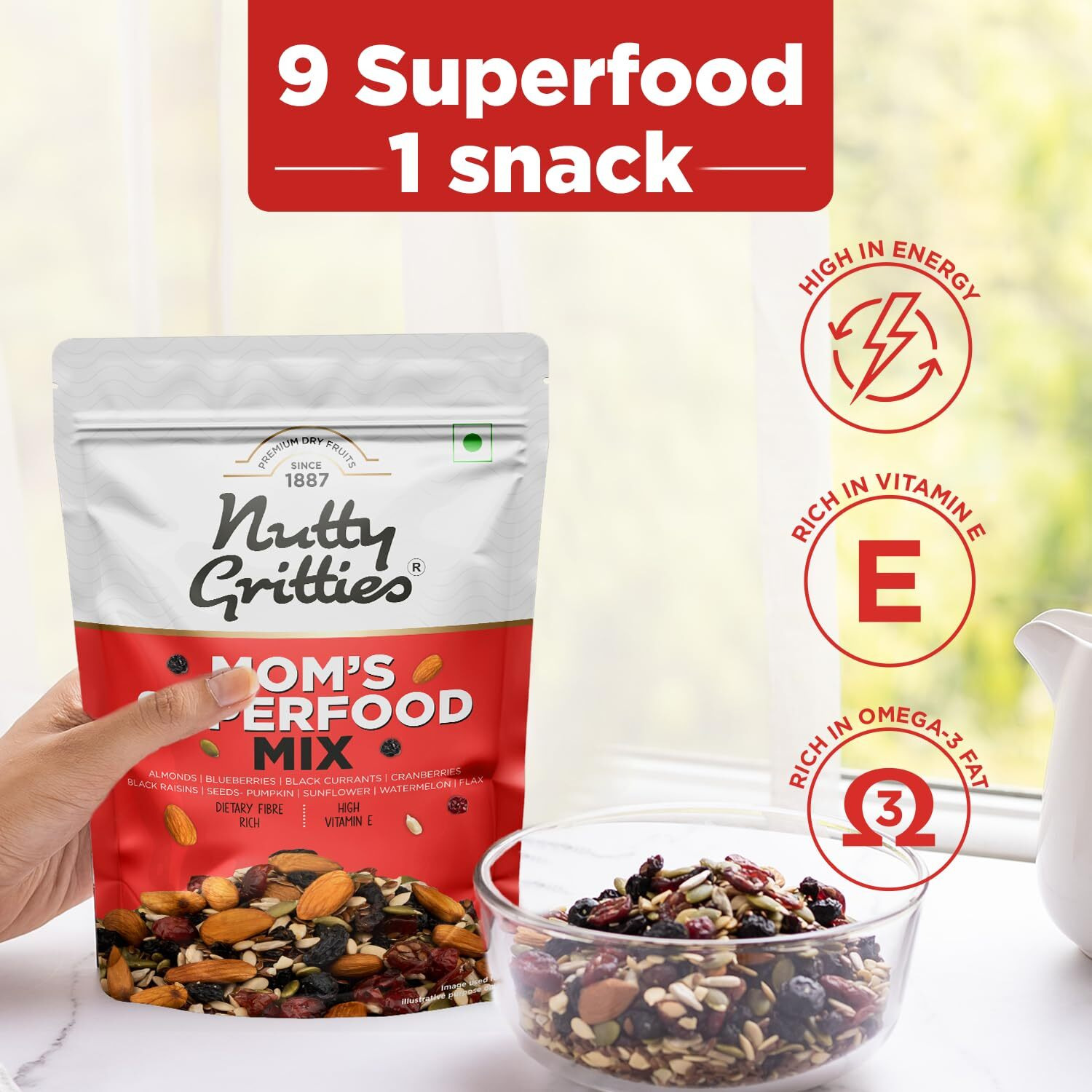 Nutty Gritties Moms Superfood Healthy Trail Mix 1kg ( Each Pack 200g, Pack of 5 ) - Roasted Almonds | Mixed Roasted Seeds Flax, Pumpkin, Sunflower | Dried Black Currant, Cranberries, Blueberries with Black Raisins| Healthy Snack
