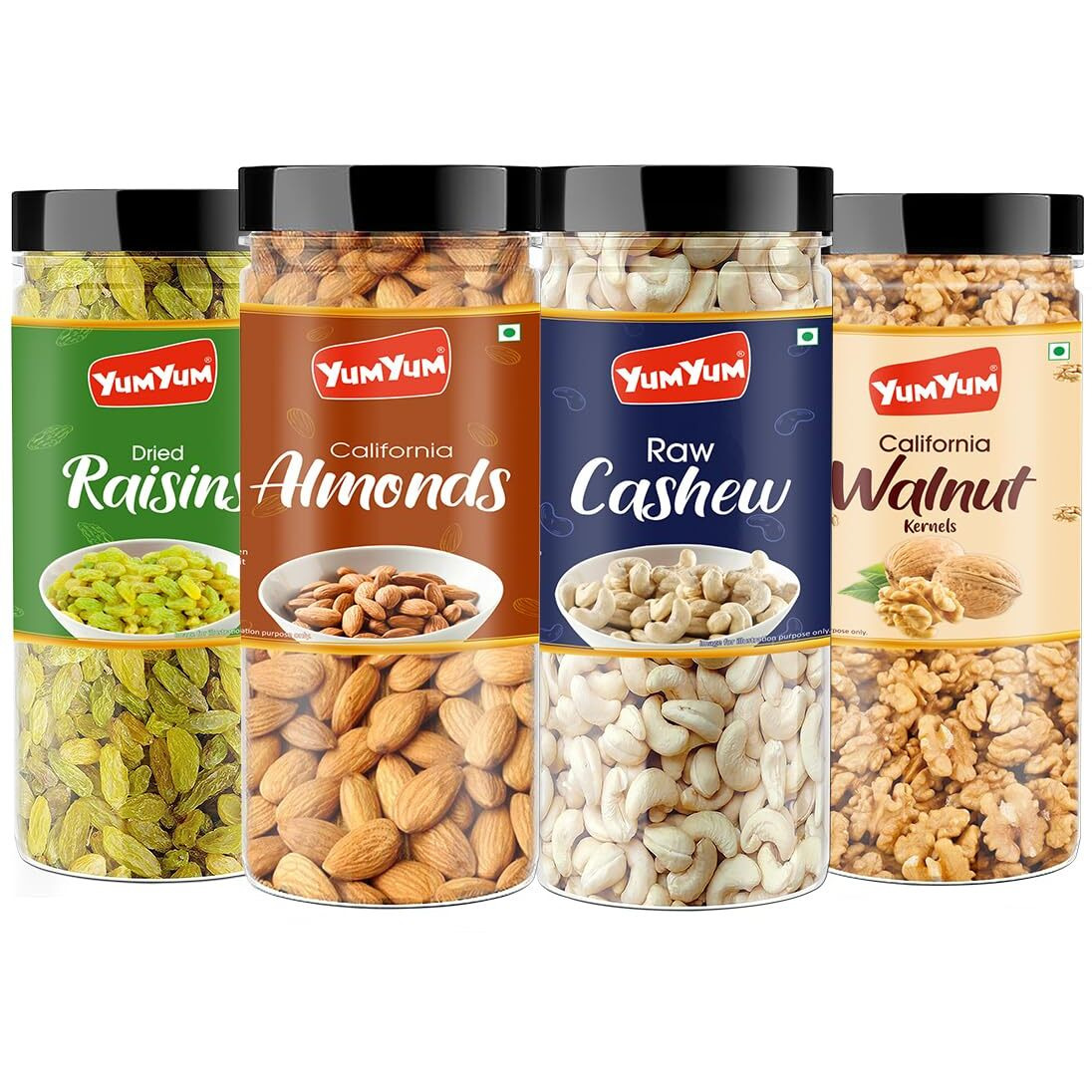 YUM YUM Dry fruits 600gm combo pack of Almonds, Cashew, Raisins & Walnut Giri 150g Each- Almonds, Cashews, Raisins, Walnuts