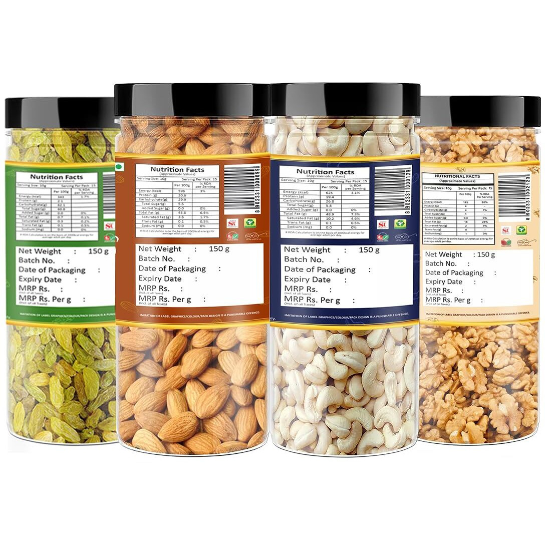 YUM YUM Dry fruits 600gm combo pack of Almonds, Cashew, Raisins & Walnut Giri 150g Each- Almonds, Cashews, Raisins, Walnuts