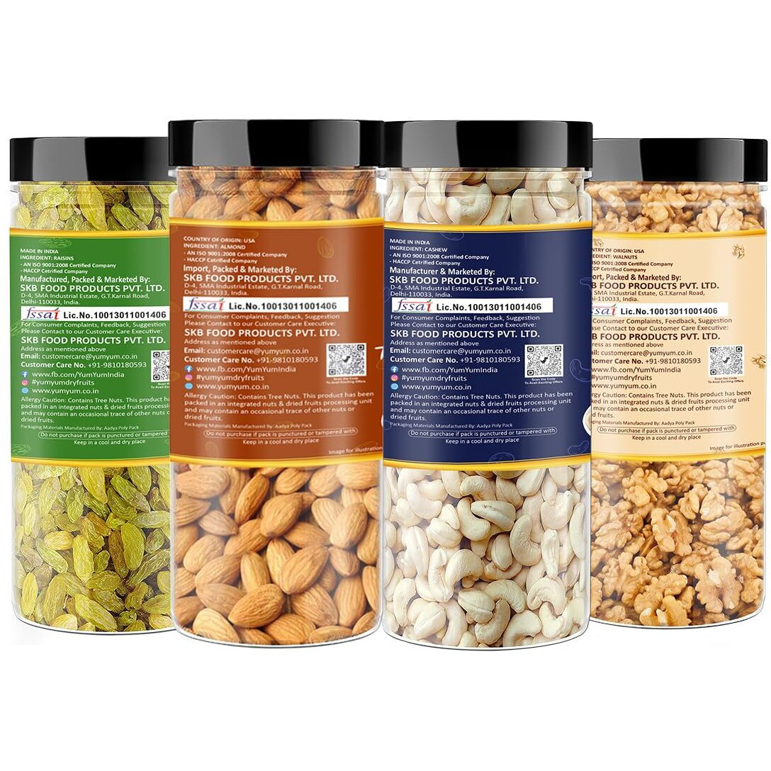 YUM YUM Dry fruits 600gm combo pack of Almonds, Cashew, Raisins & Walnut Giri 150g Each- Almonds, Cashews, Raisins, Walnuts
