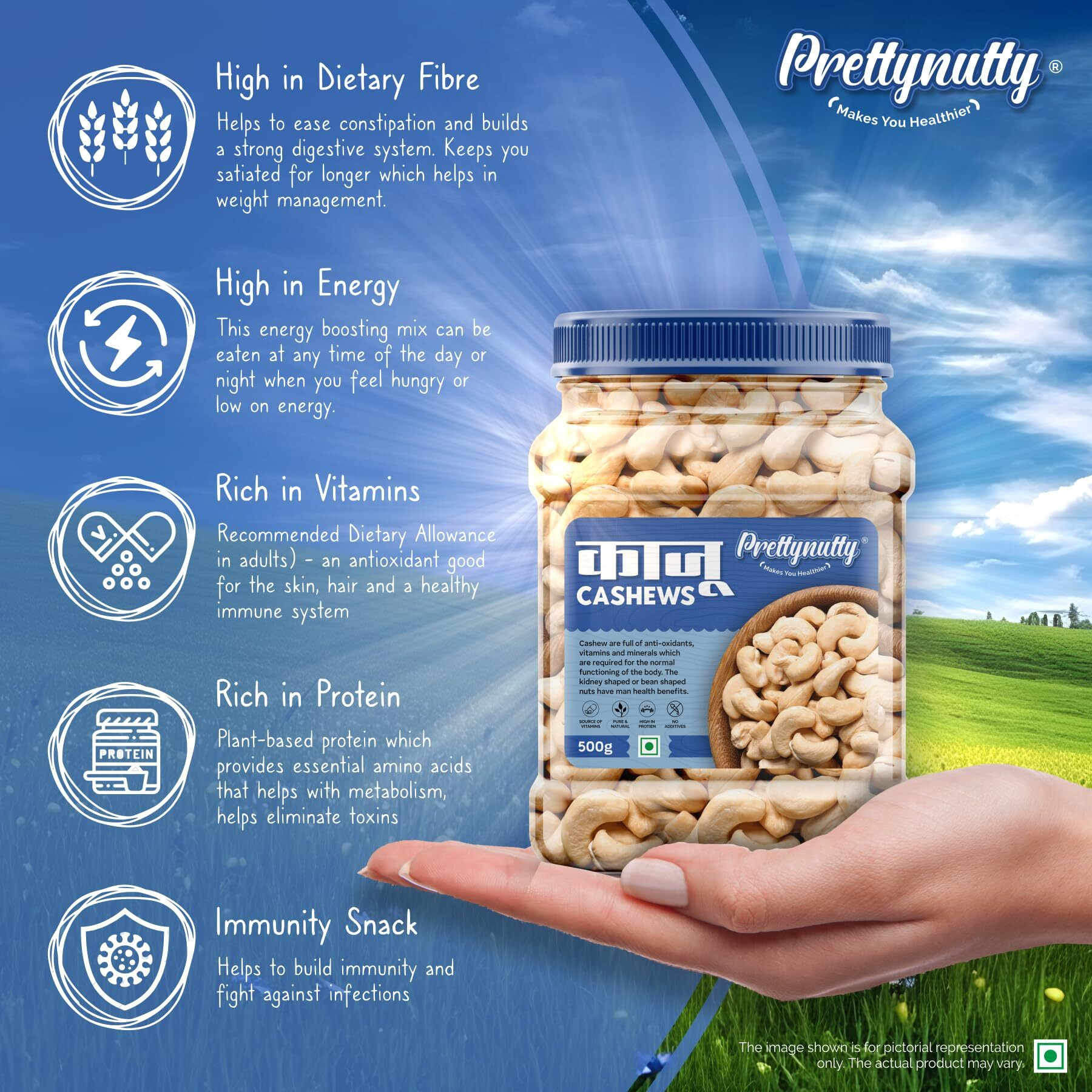 PrettyNutty Popular W320 Raw Kaju (Pack of 1, Each 500g) Cashews (1 x 0.5 kg).
