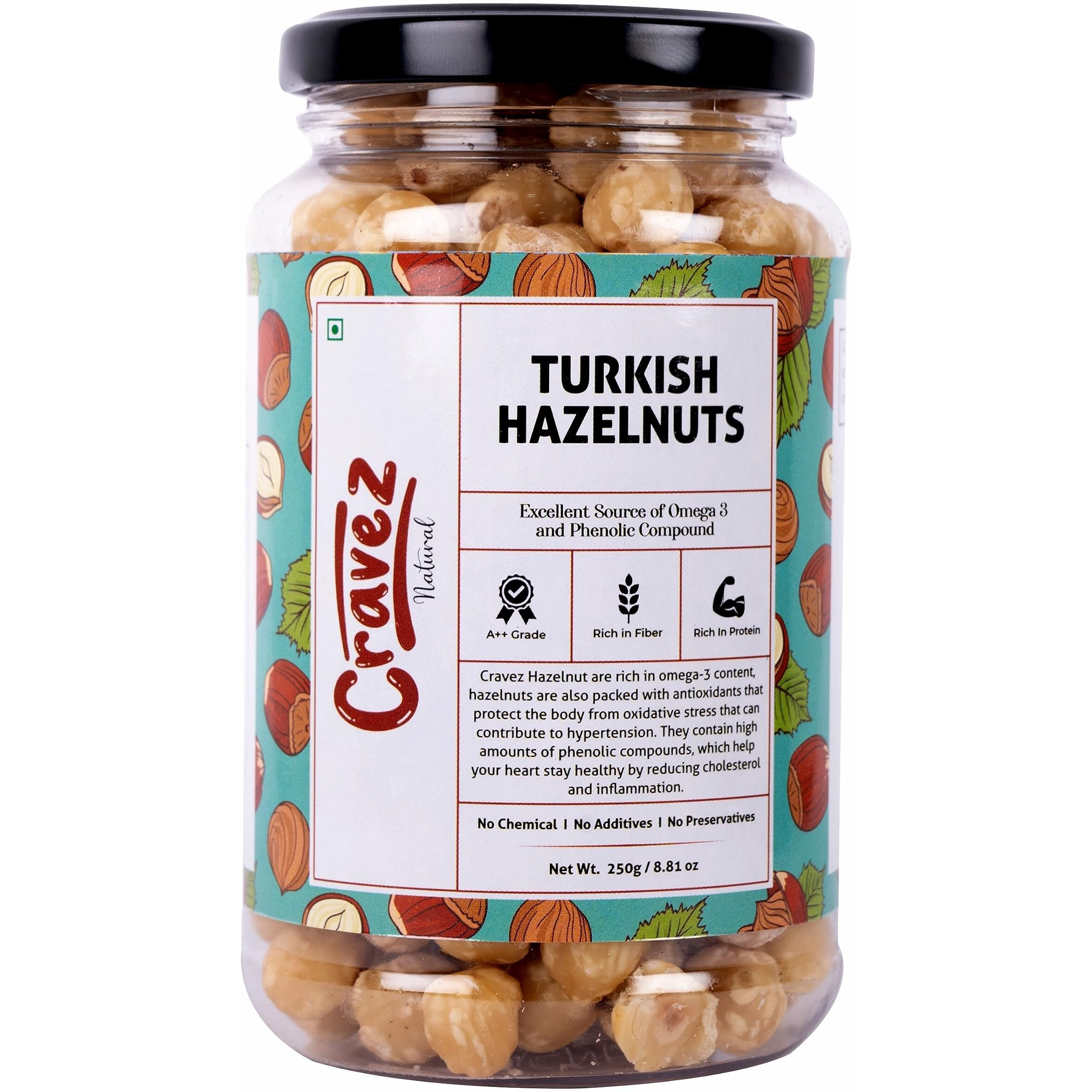 cravez Premium Hazelnuts - (250 Gm)|Unsalted And Crunchy|Excellent Source Of Omega 3 And Phenolic Compound|Hazelnut For Chocolate,Hazelnut For Spread,Hazelnut Dry Fruits|Packed In Reusable Premium Jar