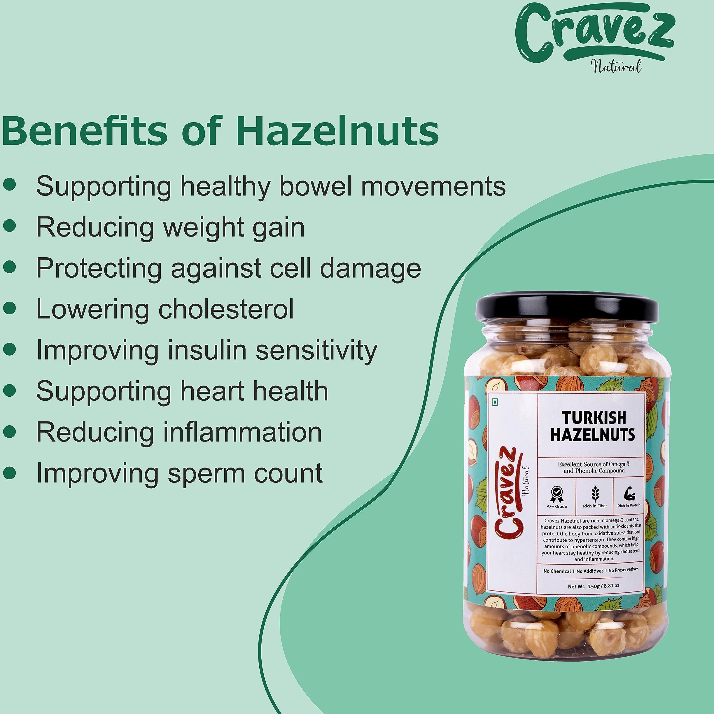 cravez Premium Hazelnuts - (250 Gm)|Unsalted And Crunchy|Excellent Source Of Omega 3 And Phenolic Compound|Hazelnut For Chocolate,Hazelnut For Spread,Hazelnut Dry Fruits|Packed In Reusable Premium Jar